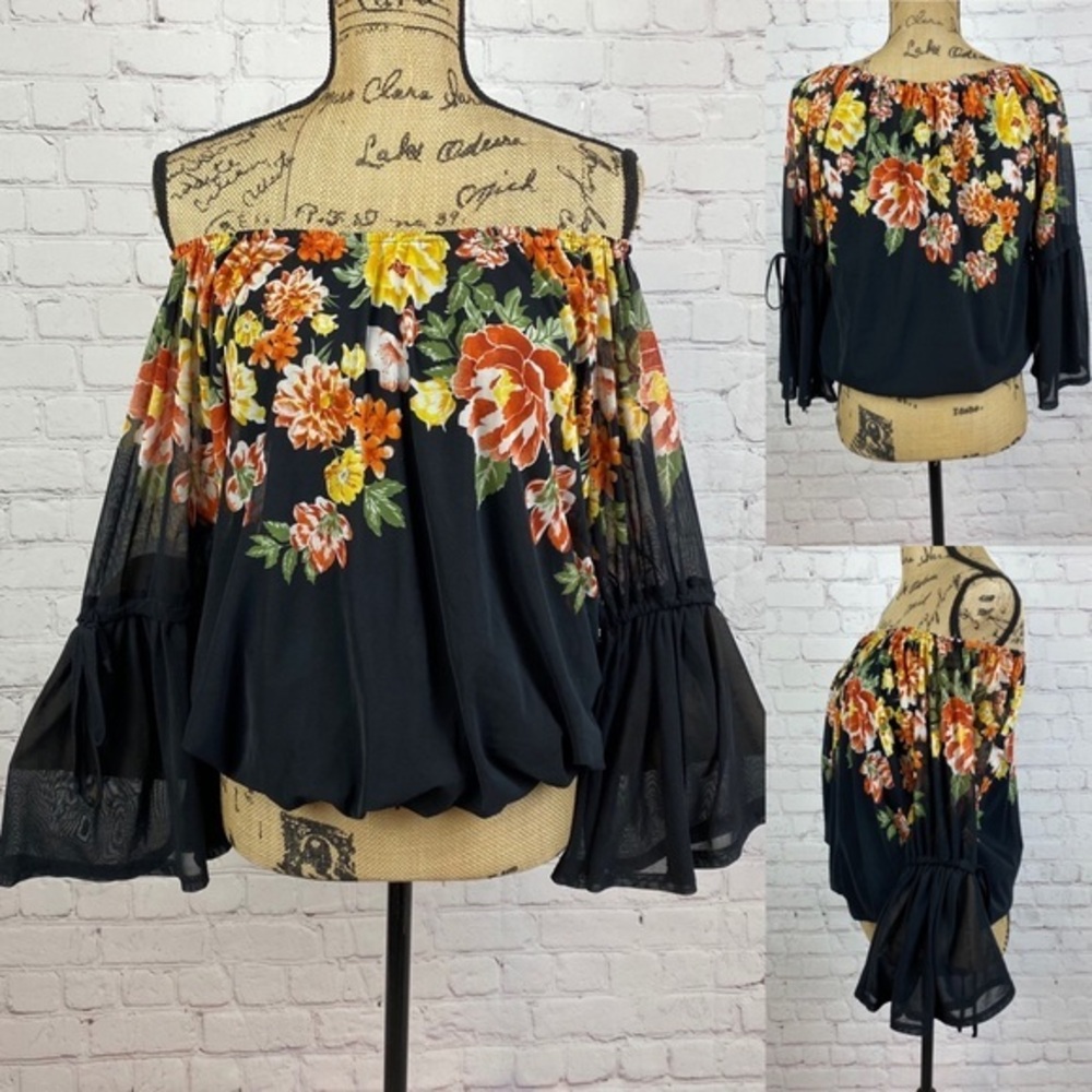 Ember Semi Sheer Floral/Black Off Shoulder Bell Sleeve Top